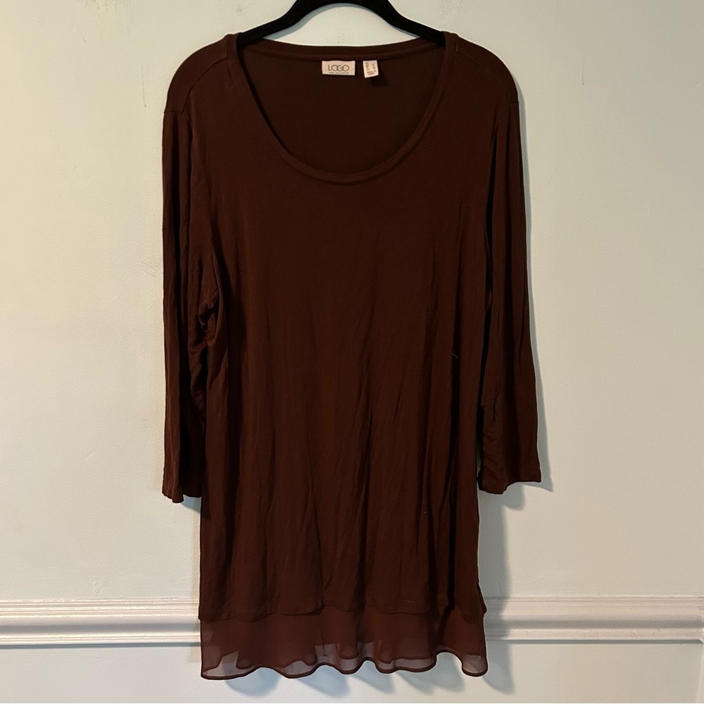 LOGO Brown Long Sleeve Scoop Neck Blouse Size Large
